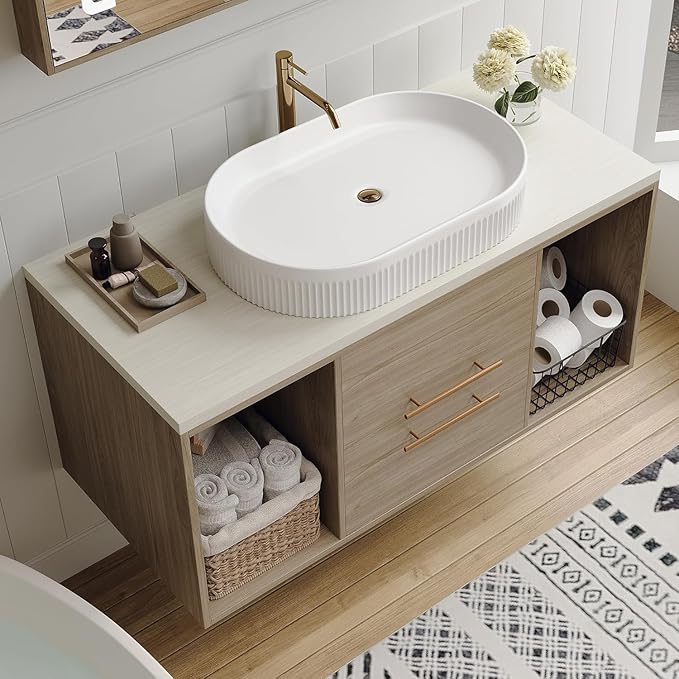 40" Modern Oak Bathroom Vanity Floating Bathroom Vanities with Above-Ground Oval Ceramic Sink 40-inch Wall Mounted Bathroom Sink Cabinet with 2 Drawers&2 Open Shelves&Gold Metal Handle