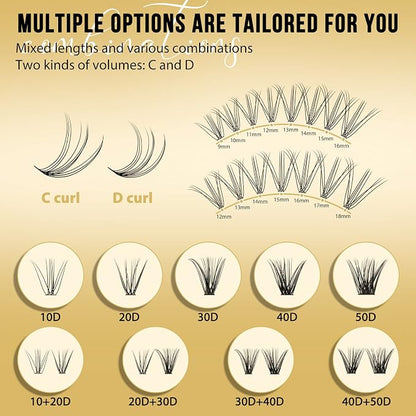 QUEWEL Lash Clusters 320Pcs 10D D Curl Lash Cluster Eyelash Extensions | Cluster Lashes Mix9-16mm Individual Eyelashes Clusters Wispy Lash Clusters Thin Band Soft to Use at Home(10D D Mix9-16)