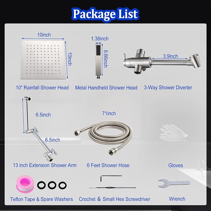 All Metal Rain Shower Head with Handheld Combo, YDmeet 10" Rainfall Shower Head, Stainless Steel Hand Wand, 3 Setting Diverter, Adjustable Extension Arm w/Lock Joints, Extra Long Hose, Brushed Nickel