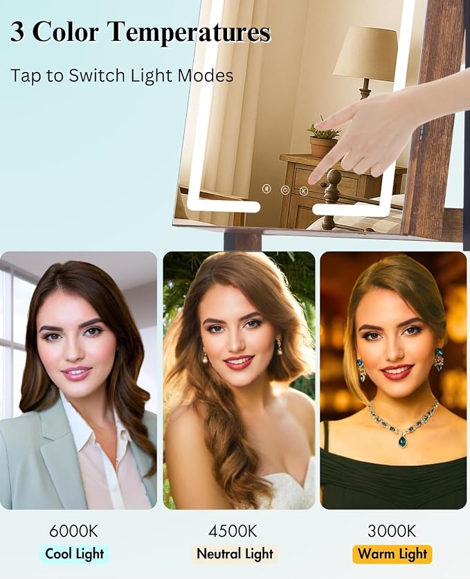 LUXFURNI Standing Jewelry Armoire Cabinet with Full‑Length Mirror Storage | 3‑Color LED Lights, 3 Brush Holders, 3 Adjustable Tilt Angles, True‑to‑View Glass, USB‑Powered Supply, Lockable Design