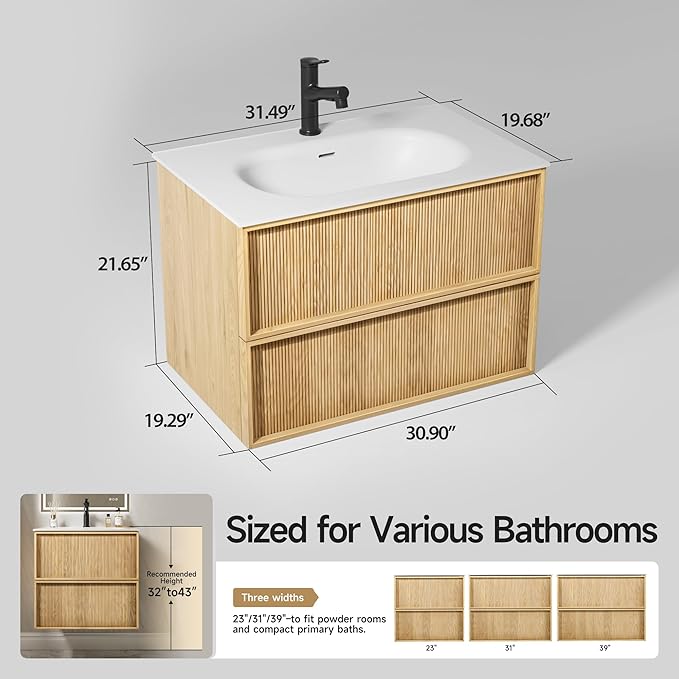 32" Japandi Floating Bathroom Vanity with Sink, Pre-Assembled Natural Oak Multi-Layer Solid Wood Bathroom Sink Vanity, Wall Mounted with Integrated Stone Top and 2 Soft Close Drawers