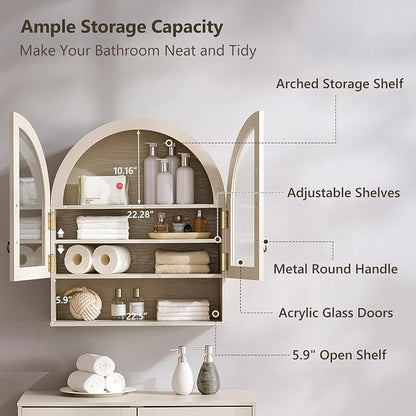 IFGET Bathroom Arched Wall Cabinet, 23.6'' Wide Medicine Cabinet with Adjustable Shelves & Acrylic Glass Doors, Over The Toilet Storage Wall Mount Cabinet for Laundry Room,Kitchen & Living Room, Cream