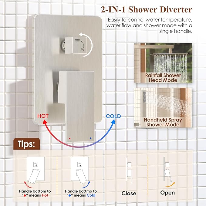 Shower System, 12 Inch Bathroom Shower Faucet Set, Brushed Nickel Shower Head and Handle Set, Shower Faucet with Valve and Shower Trim Kit, High Pressure Rain Shower Head Set, Wall Mounted