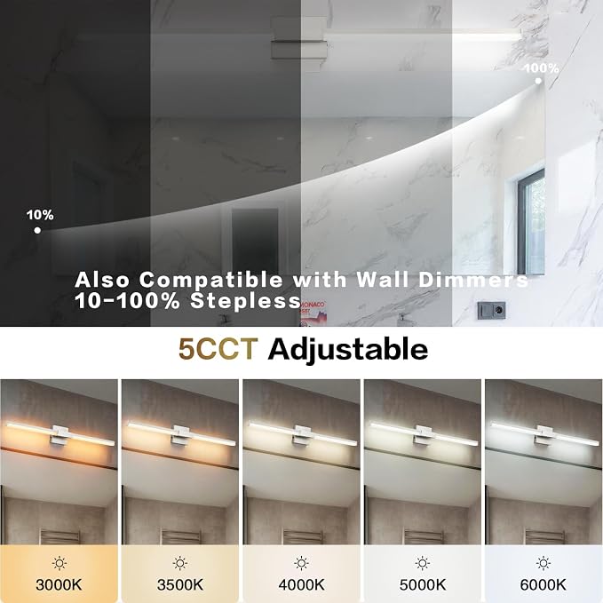 SOLFART Bathroom Vanity Light 48-Inch: Brushed Nickel 5CCT Dimmable Bathroom Light Fixtures, Solid Frosted Acrylic, Built-in Dimmer, CRI88 Soft Light, ETL IP44