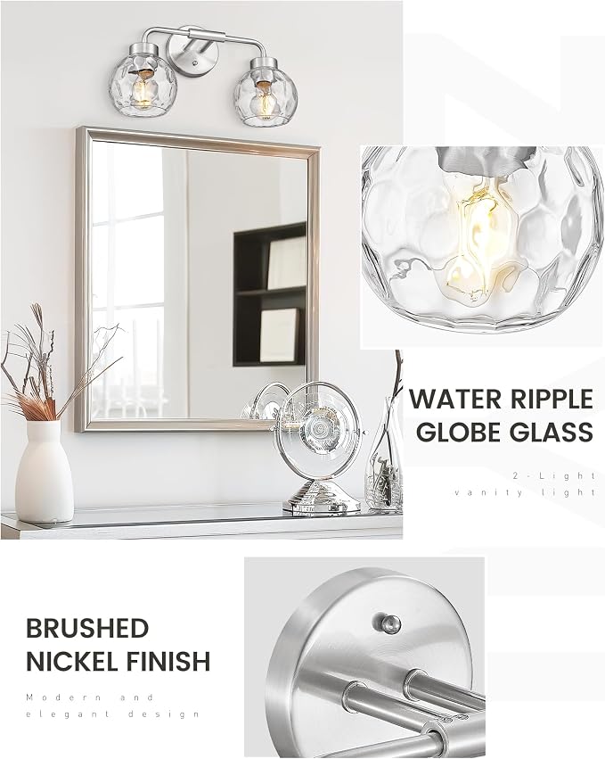 zeyu 16-Inch 2-Light Bathroom Lighting Over Mirror Fixture, ZS62BG-2W BN-WG | Compact Nickel Bathroom Light, 16-Inch 2-Light Design, Water Ripple Globe Glass, Hardwired, Up/Down Mount, ETL Listed