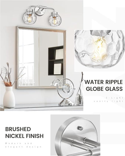 zeyu 16-Inch 2-Light Bathroom Lighting Over Mirror Fixture, ZS62BG-2W BN-WG | Compact Nickel Bathroom Light, 16-Inch 2-Light Design, Water Ripple Globe Glass, Hardwired, Up/Down Mount, ETL Listed