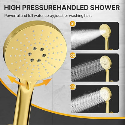 Shower Faucet Set Brass 8IN Rough-In Valve Body Trim Kit Rainfall Included Handle Accessories Complete 2 Functions with Rain Head and Handheld Bathroom Systems (8‘’, Brushed Gold)
