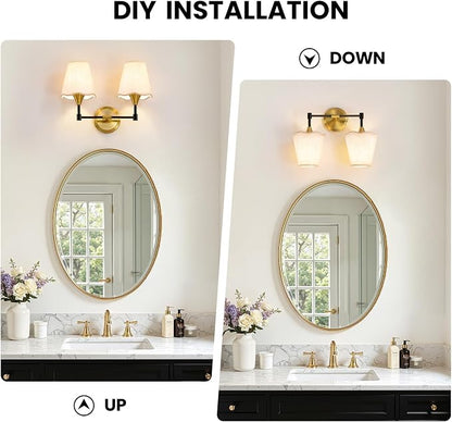 Black Gold Bathroom Light Fixtures: Farmhouse Bathroom Vanity Lights over Mirror with Flared Fabric Shade, Vanity Lighting Fixtures, 2 Light Wall Sconces Lighting for Bedroom Hallway Living Room
