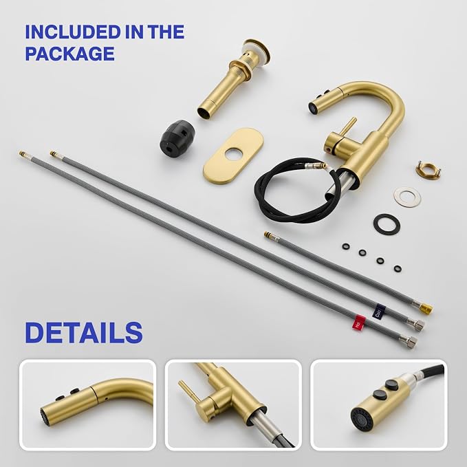 Bathroom Faucet with Sprayer, Brushed Gold Single Hole with Pop-Up Drain | Kablle Single Handle Pull Out 1 or 3 Hole Laundry Bar Basin Faucet with Deck Plate, KBL-7002BG-CL