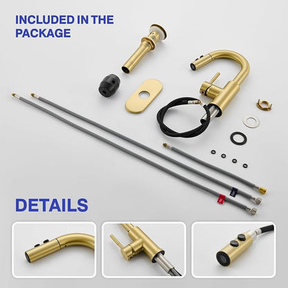 Bathroom Faucet with Sprayer, Brushed Gold Single Hole with Pop-Up Drain | Kablle Single Handle Pull Out 1 or 3 Hole Laundry Bar Basin Faucet with Deck Plate, KBL-7002BG-CL