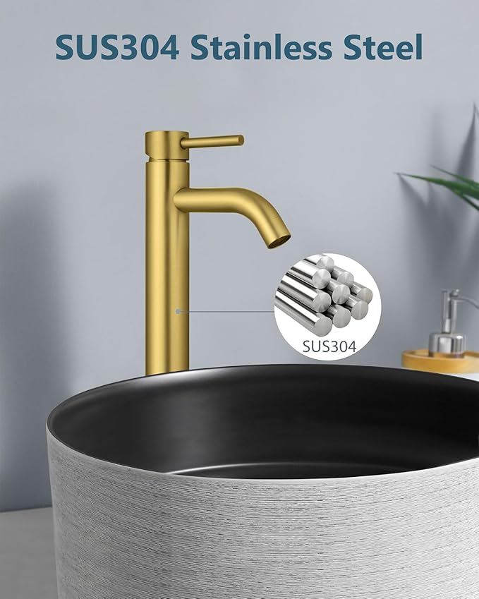 Aolemi Vessel Sink Faucet – SUS304 Stainless Steel Tall Bathroom Faucet,Single Lever Handle,1 Hole Bathroom Faucets with Supply Lines and Pop Up Drain,Gold