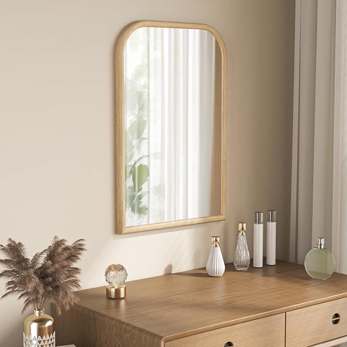 20"x30" Arch Wall Mirror for Wall, Wall Mounted Vanity Mirror for Bedroom, Wood Grain Finish Frame Mirror with Tempered Glass, Vintage Decorative for Bathroom, Entryway, Living Room, Natural