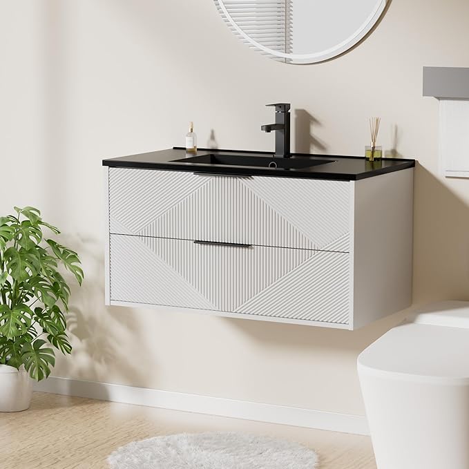 LUCKWIND 36" Floating Bathroom Vanity with Black Sink Combo, Wall Mounted Floating Cabinet with 2 Large Soft-Close Drawers & Water Saving Faucet, Geometric Textured Design in White