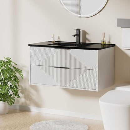 LUCKWIND 36" Floating Bathroom Vanity with Black Sink Combo, Wall Mounted Floating Cabinet with 2 Large Soft-Close Drawers & Water Saving Faucet, Geometric Textured Design in White