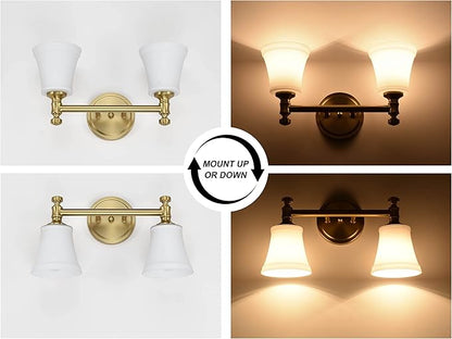 Gold Bathroom Vanity Light Fixtures, Traditional Aged Brass 2 Lights Wall Sconce Lighting with Opal Glass Shade, Porch Wall Mount Light Fixture for Bathroom, Mirror Cabinets Hallway Stairs