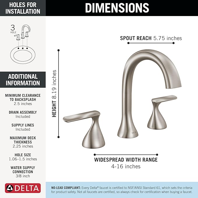 Delta Bonacci Brushed Nickel Bathroom Faucet 3 Hole, 8 Inch Widespread Bathroom Sink Faucet for Vanity, Metal Push-Pop Drain Assembly, Lumicoat Stainless 3545-SS-PR-DST