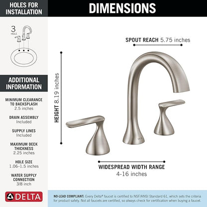 Delta Bonacci Brushed Nickel Bathroom Faucet 3 Hole, 8 Inch Widespread Bathroom Sink Faucet for Vanity, Metal Push-Pop Drain Assembly, Lumicoat Stainless 3545-SS-PR-DST