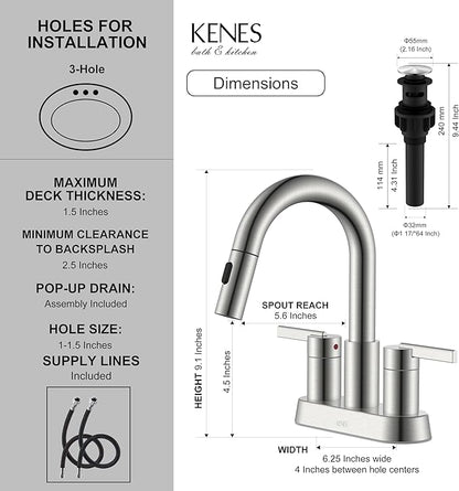 KENES Brushed Nickel Pull Down Bathroom Faucet, 4 Inch 2 Handle Centerset Bathroom Faucet 3 Hole with Pull Out Sprayer, Bathroom Sink Faucet with Pop Up Drain & Supply Lines LJ-9069
