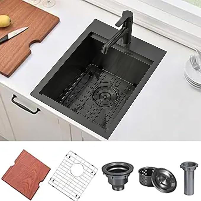 VAPSINT 15x20 Inch Black Drop In Bar Sink Workstation, 15x20x9 Inch Topmount T304 Stainless Steel Small Kitchen Bar Sink, Handmade Gunmetal Single Bowl for Wet Prep RV Outdoor with Accessories