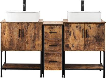 UEV Rustic Brown 60" Double Bathroom Vanity with Sink Combo,Industrial Iron Frame 2 Main Bathroom Vanity with Middle 3 Drawers Cabinet,Modern Artistic Ceramic Vessel Sink(031WH)