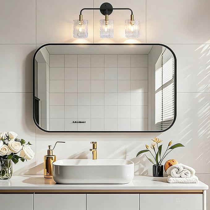 3-Light Glass Bathroom Vanity Lights Over Mirror, Black and Gold Bathroom Light Fixture with Clear Glass Shade, Modern Bathroom Wall Sconce Lighting for Mirror, Living Room (E12)