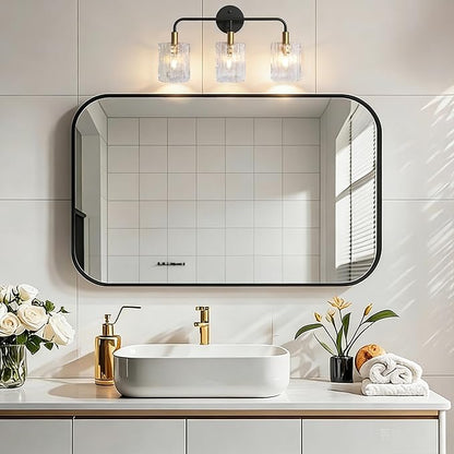 3-Light Glass Bathroom Vanity Lights Over Mirror, Black and Gold Bathroom Light Fixture with Clear Glass Shade, Modern Bathroom Wall Sconce Lighting for Mirror, Living Room (E12)
