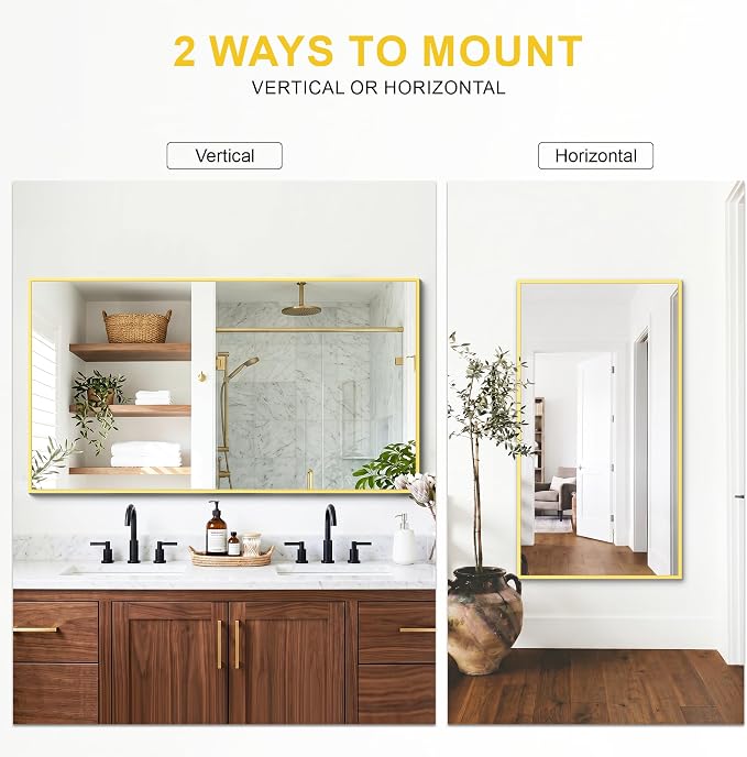 Bathroom Mirror for Wall, 55"x30" Gold Vanity Mirror | Sturdy Rectangular Metal Frame, HD Tempered Glass, Hangs Horizontally or Vertically in Bedroom, Living Room, Entryway