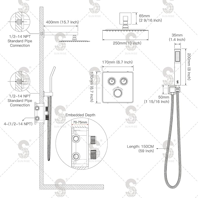 SR SUN RISE 100℉ Thermostatic Shower System,10" Luxury Rainfall Shower Head and High-Pressure Handheld Bathroom Shower Faucet Set,Shower Valve and Trim Kit Included (Polished Chrome)