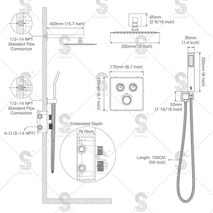 SR SUN RISE 100℉ Thermostatic Shower System,10" Luxury Rainfall Shower Head and High-Pressure Handheld Bathroom Shower Faucet Set,Shower Valve and Trim Kit Included (Polished Chrome)
