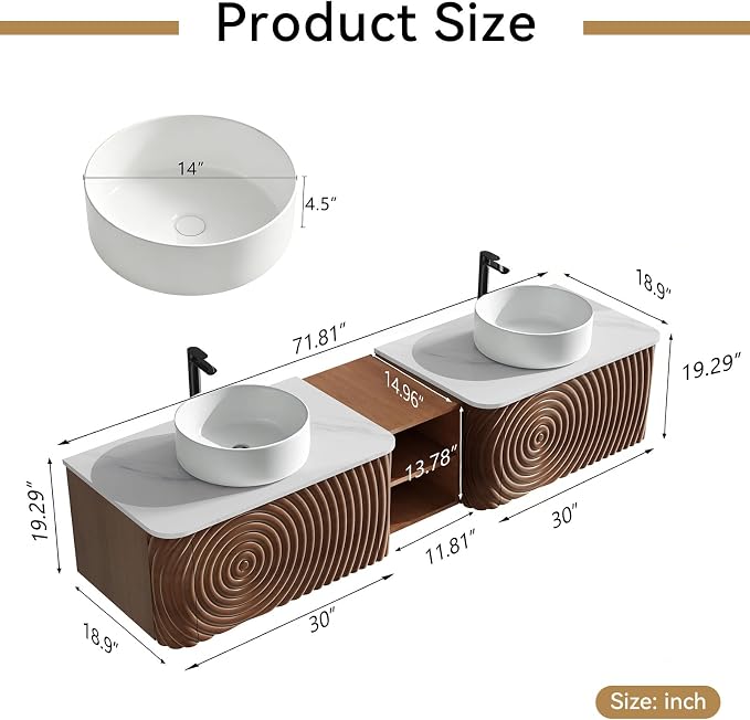 72" Floating Bathroom Vanity with Double Sink, Mid-Century Wall Mounted Bathroom Vanity Cabinet with Wood Waved Decor, Ceramic Vessel Basin, Sintered Stone Top, Soft Close Drawer, Side Open Cube