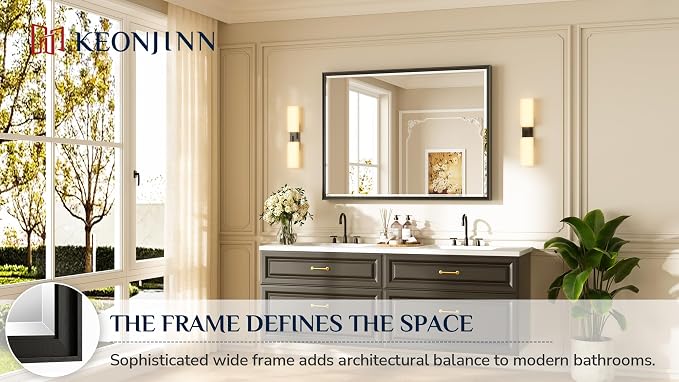 Keonjinn 48" x 36" Black Framed Bathroom Mirror, Rustproof Aluminum Alloy | HD Tempered Glass with Beveled Edge, Secure French Cleat Installation, Large Black Bathroom Vanity Mirror for Over Sink
