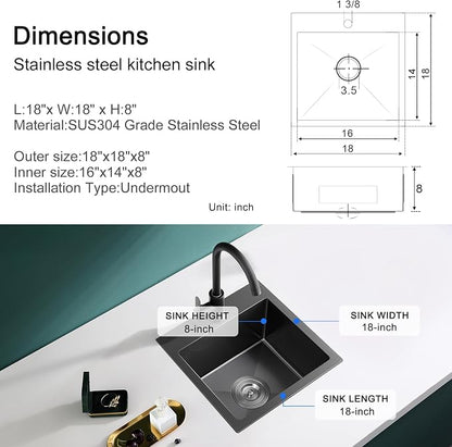 18"x18" Drop-In Single Bowl Sink 18 Gauge 304 Black Steel 1-Hole | 18 inch Black Drop-in Sink | 9" Deep Basin | Topmount/Overmount | 1-hole | Single Bowl | Small Kitchen/Wet Bar
