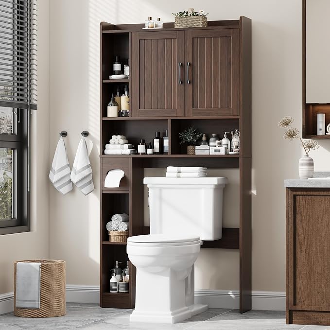 Vabches Farmhouse Over The Toilet Storage Cabinet with Barn Door, Espresso | Storage Cabinet Over Toilet, Home Space-Saving Toilet Rack, for Bathroom, Restroom, Laundry