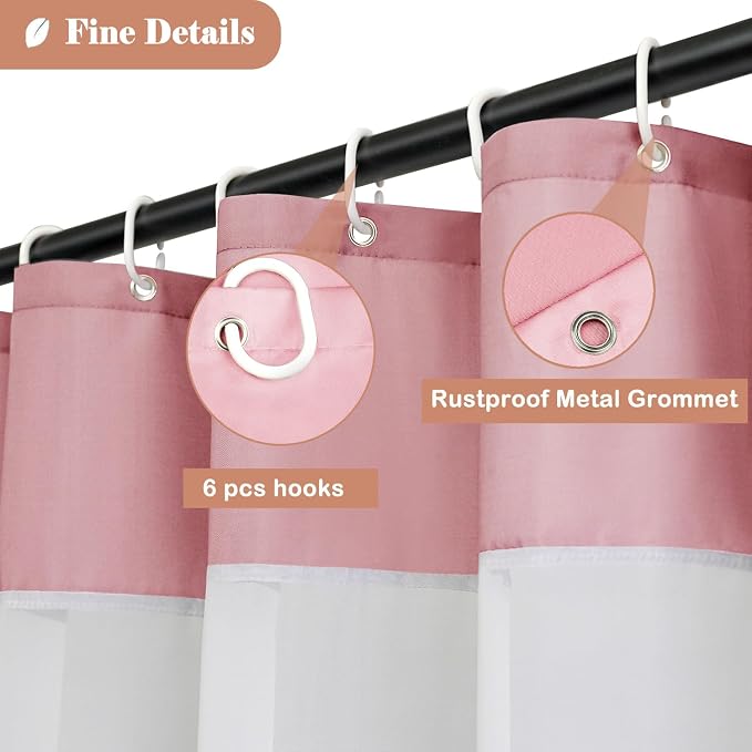 UFRIDAY Extra Long Pink Shower Curtain Liner 72x84 inches,Washable Polyester Shower Curtains for Bathroom with See Through Mesh Window and Hooks