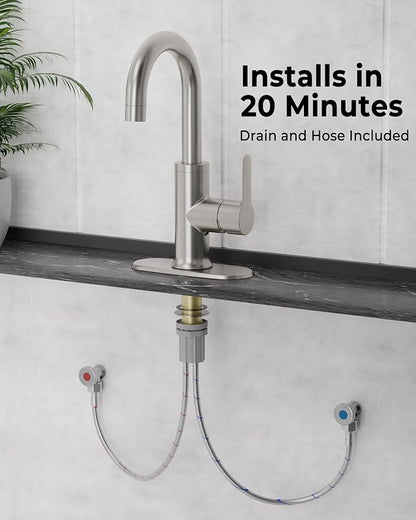 VXV Bathroom faucets Single Handle 360° Swivel Gooseneck Spout Optional Deckplate Bar Sink Faucet with Pop-up Drain and Hoses Brushed Nickel
