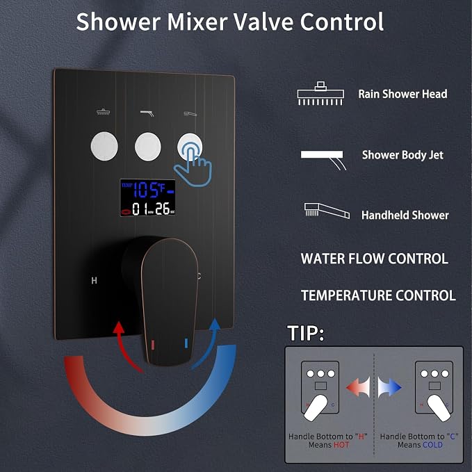 Dual Shower Heads Shower System with 12 Inch Ceiling Rainfall Shower Head and 8 Inch Side Shower Head Digital Display Shower Fixtures Luxury Shower Faucet Set,Oil Rubbed Bronze