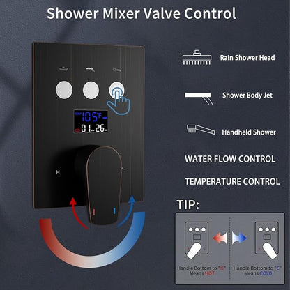 Dual Shower Heads Shower System with 12 Inch Ceiling Rainfall Shower Head and 8 Inch Side Shower Head Digital Display Shower Fixtures Luxury Shower Faucet Set,Oil Rubbed Bronze