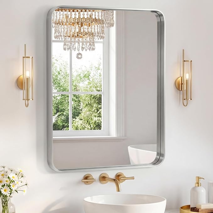 Sweetcrispy Bathroom Mirror 36x28 Inch, Vanity Mirror for Wall | Metal Framed Rounded Rectangle, Over Sink, Farmhouse, Restroom, Anti-Rust, Horizontal or Vertical Hanging, Silver