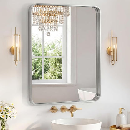Sweetcrispy Bathroom Mirror 36x28 Inch, Vanity Mirror for Wall | Metal Framed Rounded Rectangle, Over Sink, Farmhouse, Restroom, Anti-Rust, Horizontal or Vertical Hanging, Silver