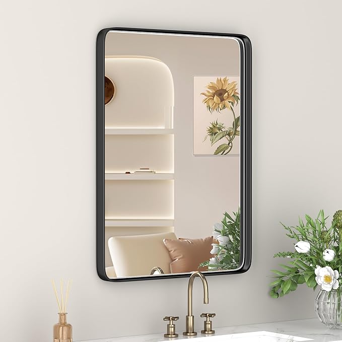 Black Metal Frame Wall Mount Bathroom Mirror, 26x 34 Inch Rectangular Round Mirror, Matte Black Vanity Mirror, Farmhouse Style, Hang Horizontally or Vertically
