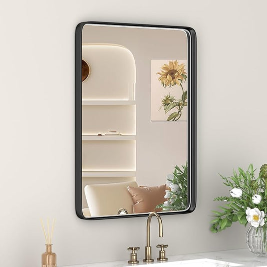 Black Metal Frame Wall Mount Bathroom Mirror, 26x 34 Inch Rectangular Round Mirror, Matte Black Vanity Mirror, Farmhouse Style, Hang Horizontally or Vertically