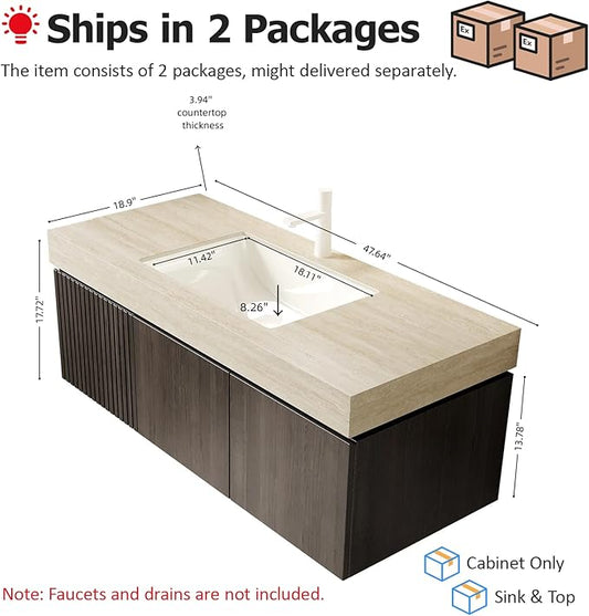 Ambrovina 48 inch Floating Bathroom Vanity with Sink, Wall Mounted Storage Vanities with Drawer and 2 Doors, Roma Travertine-Pattern Countertop and Ceramic Basin, Pre-Assembled, Espresso Woodgrain