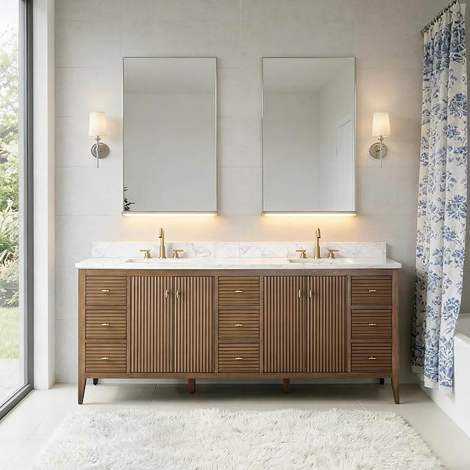 84" Bathroom Vanity with Double Sink & Engineered Marble Top, Solid Wood Frame, Linear Pattern & Soft Close Door | Golden Brushed Handware,Walnut