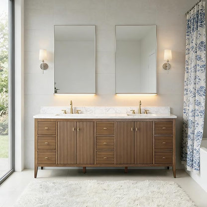 84" Bathroom Vanity with Double Sink & Engineered Marble Top, Solid Wood Frame, Linear Pattern & Soft Close Door | Golden Brushed Handware,Walnut