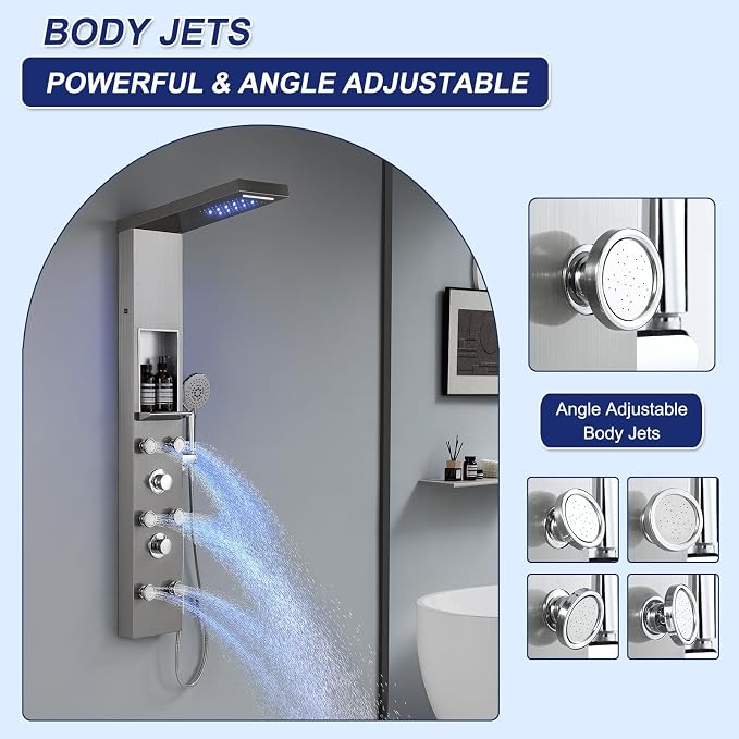ROVATE LED Shower Panel Tower with Shelf and 6 Adjustable Jets, Brushed | All-in-one Stainless Steel Shower Tower Integrates Overhead Spray, Body Jets, Handheld, and Shelf into A Space-saving System