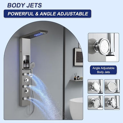 ROVATE LED Shower Panel Tower with Shelf and 6 Adjustable Jets, Brushed | All-in-one Stainless Steel Shower Tower Integrates Overhead Spray, Body Jets, Handheld, and Shelf into A Space-saving System