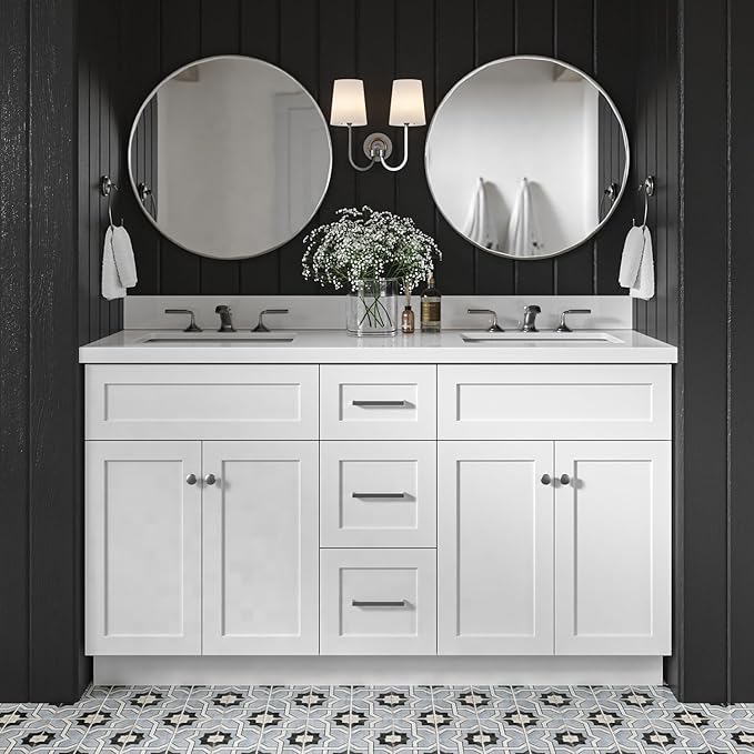 DKB Bradford 60" White Double Bathroom Vanity with Sink, 1.5" Edge Pure White Quartz Countertop, Rectangular Sinks, 2 Soft Closing Doors, 3 Dovetail Drawers, Brushed Nickel