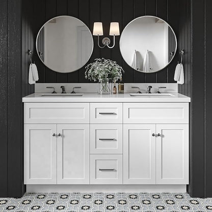 DKB Bradford 60" White Double Bathroom Vanity with Sink, 1.5" Edge Pure White Quartz Countertop, Rectangular Sinks, 2 Soft Closing Doors, 3 Dovetail Drawers, Brushed Nickel