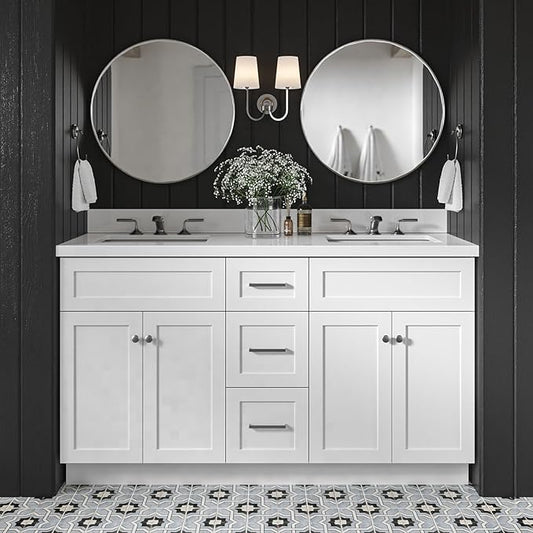 DKB Bradford 60" White Double Bathroom Vanity with Sink, 1.5" Edge Pure White Quartz Countertop, Rectangular Sinks, 2 Soft Closing Doors, 3 Dovetail Drawers, Brushed Nickel