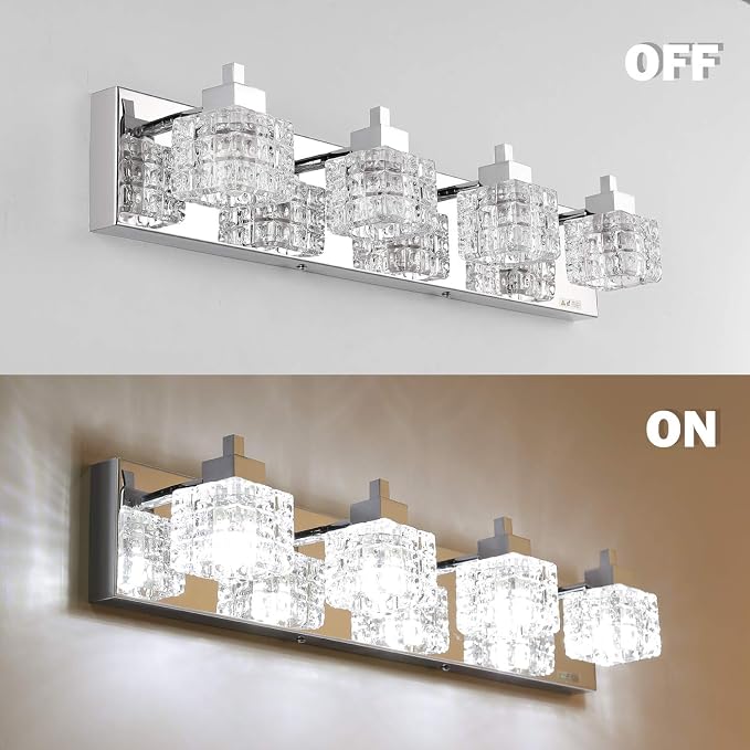 TRLIFE Bathroom Vanity Light Fixtures, 26inches Crystal Vanity Light Fixture Modern Bathroom Lights Over Mirror 4 Lights Vanity Light for Bath Room